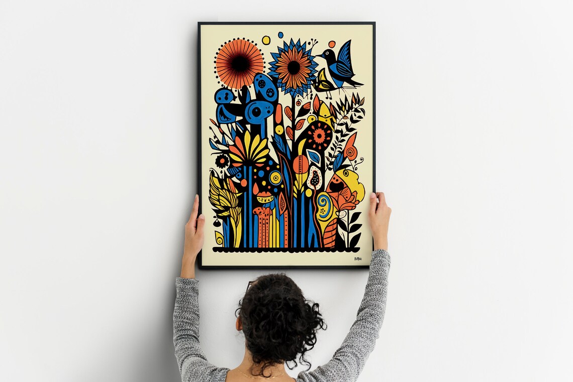 Fantasy Birds and Floral Art Print, Retro Style - Image 4