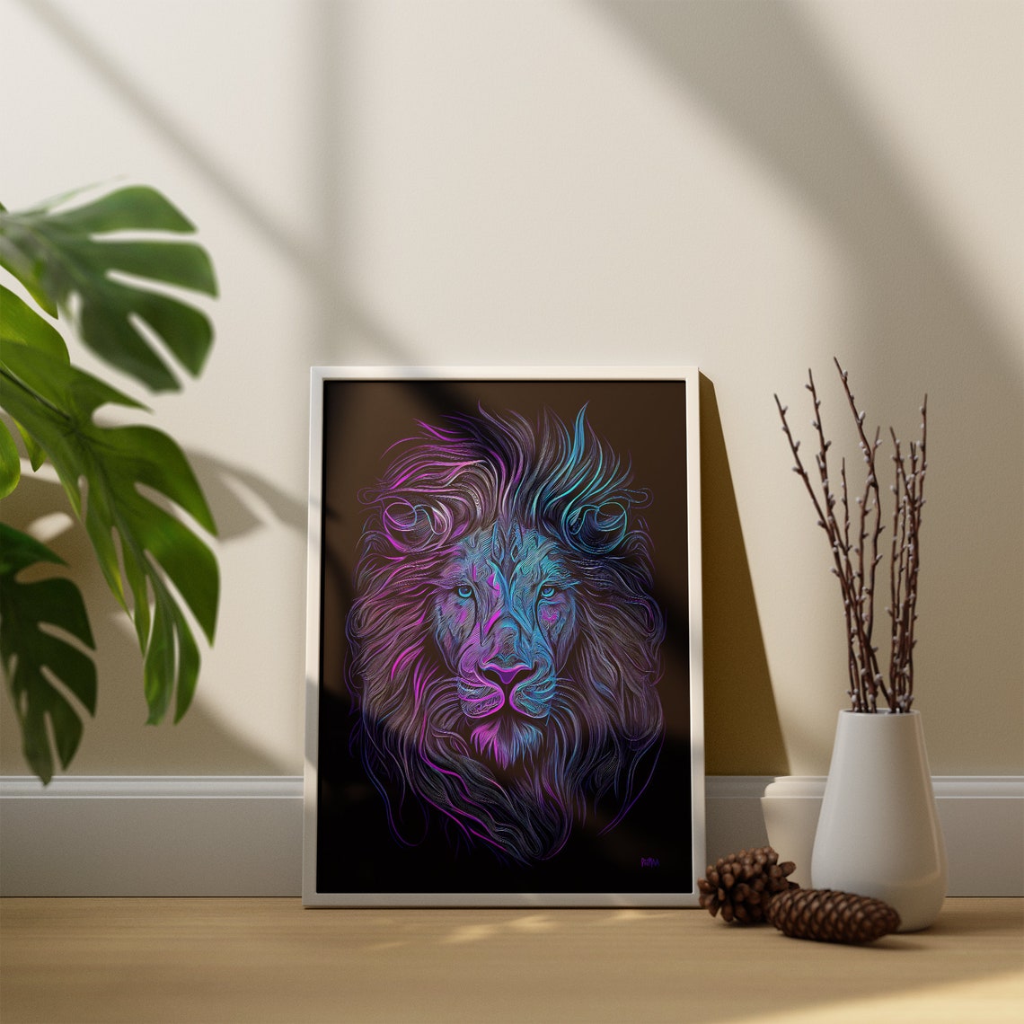 Neon Blue Lion Head Glowing Line Art on Black Background Wall Art - Image 4