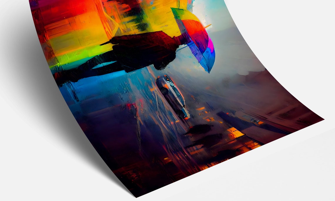 Rainbow Colors Gun Man Oil Painting With Colorful Umbrella Rainy Street Of City Wall Art - Image 4