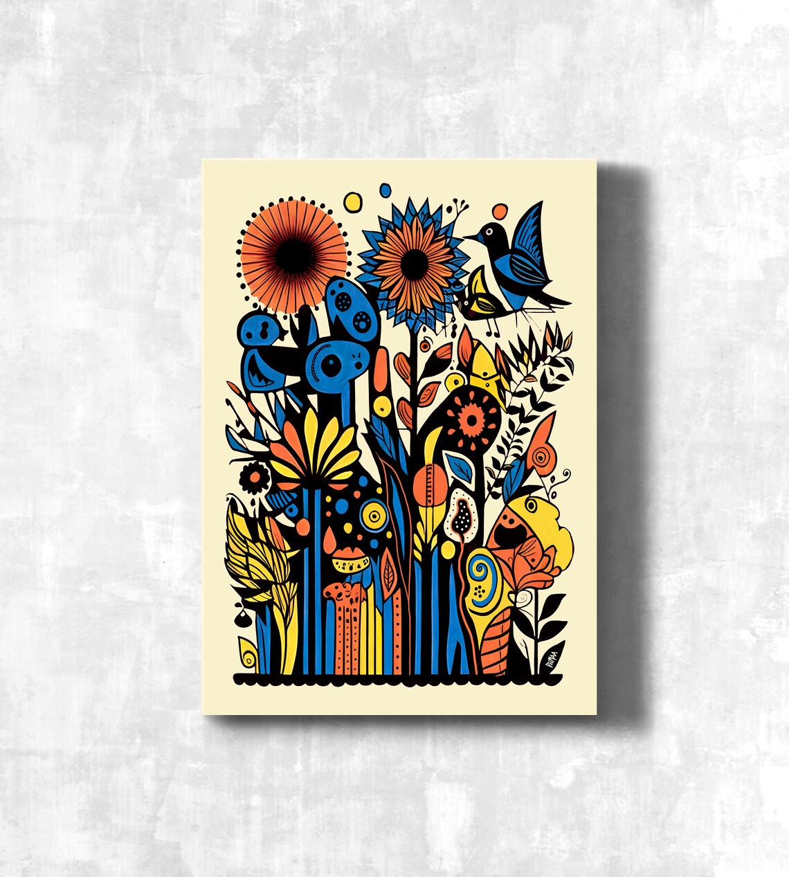 Fantasy Birds and Floral Art Print, Retro Style