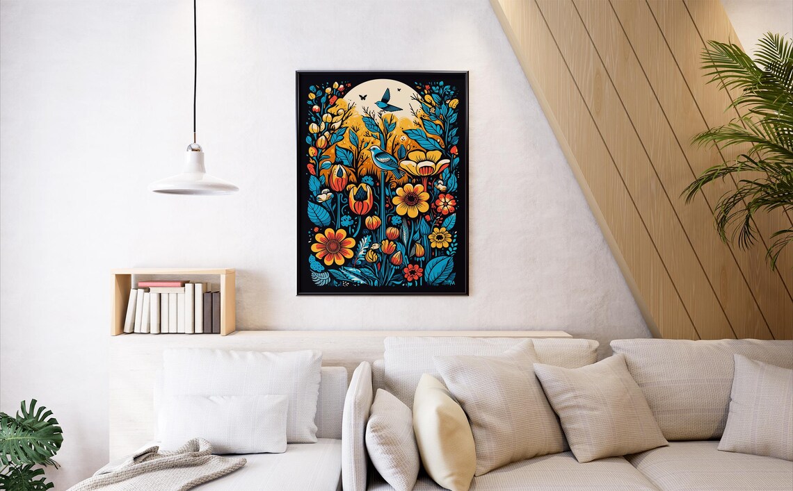 Moonlit Garden Woodcut Floral Art with Blue Birds Bold Poster - Image 6