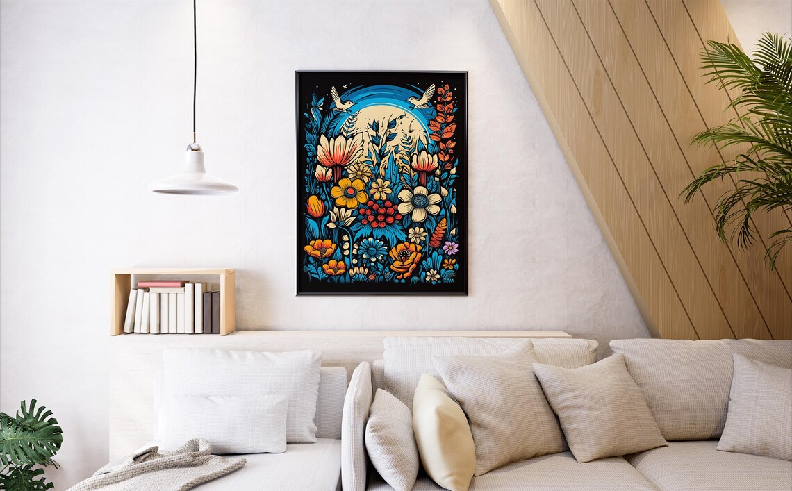 Moonlit Wildflowers Folk Art Birds and Blooms Painting Poster - Image 6