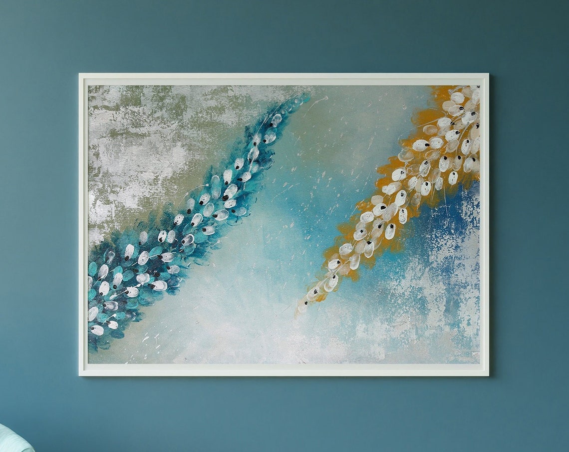 Teal Gold White Blossom Trails Abstract Floral Art Wall Poster