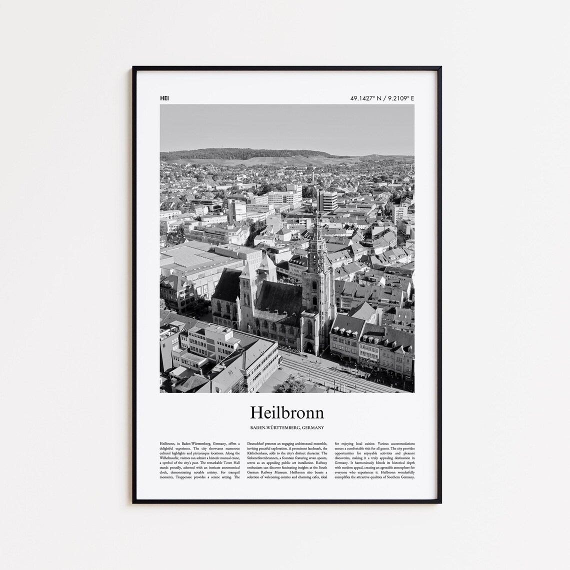 Heilbronn Aerial Old Town Germany Black White Photo Poster Art