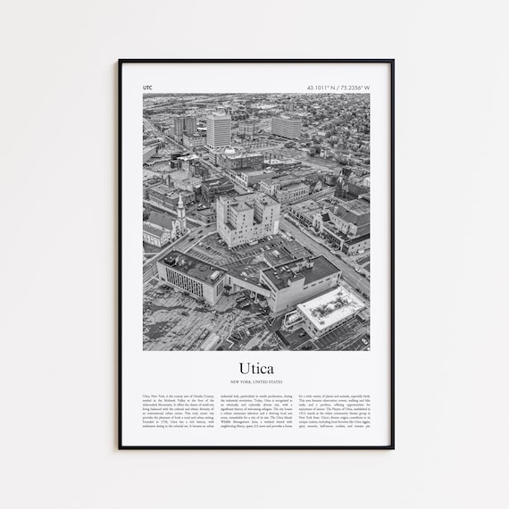 Utica New York Downtown Aerial Black And White Travel Poster