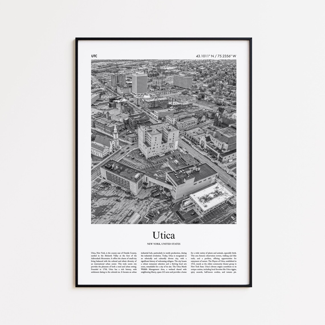 Utica New York Downtown Aerial Black And White Travel Poster