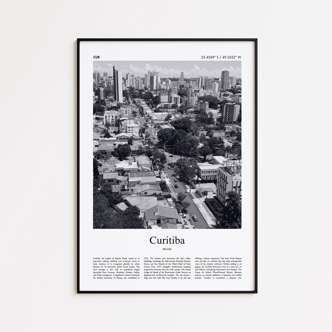 Curitiba Brazil Black and White Aerial Cityscape Photo Poster