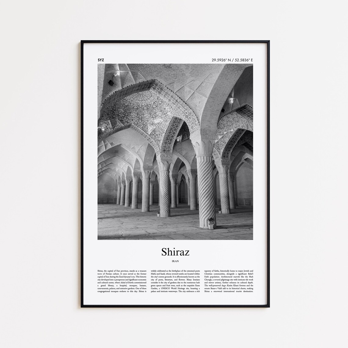 Shiraz Iran Vakil Mosque Interior Black And White Photo Poster