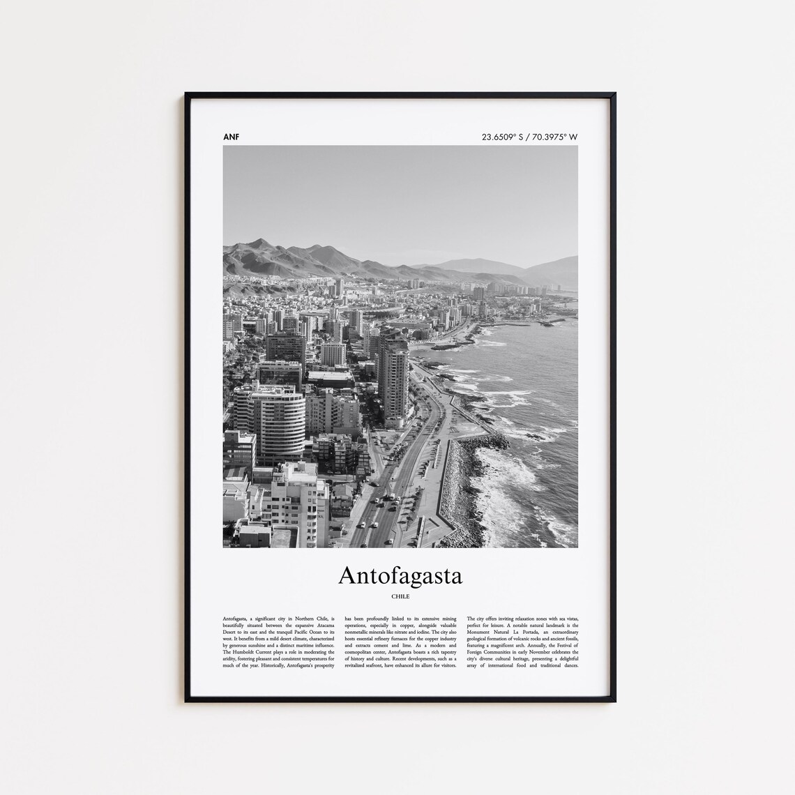 Antofagasta Chile Black and White Coastal City Travel Photography Poster