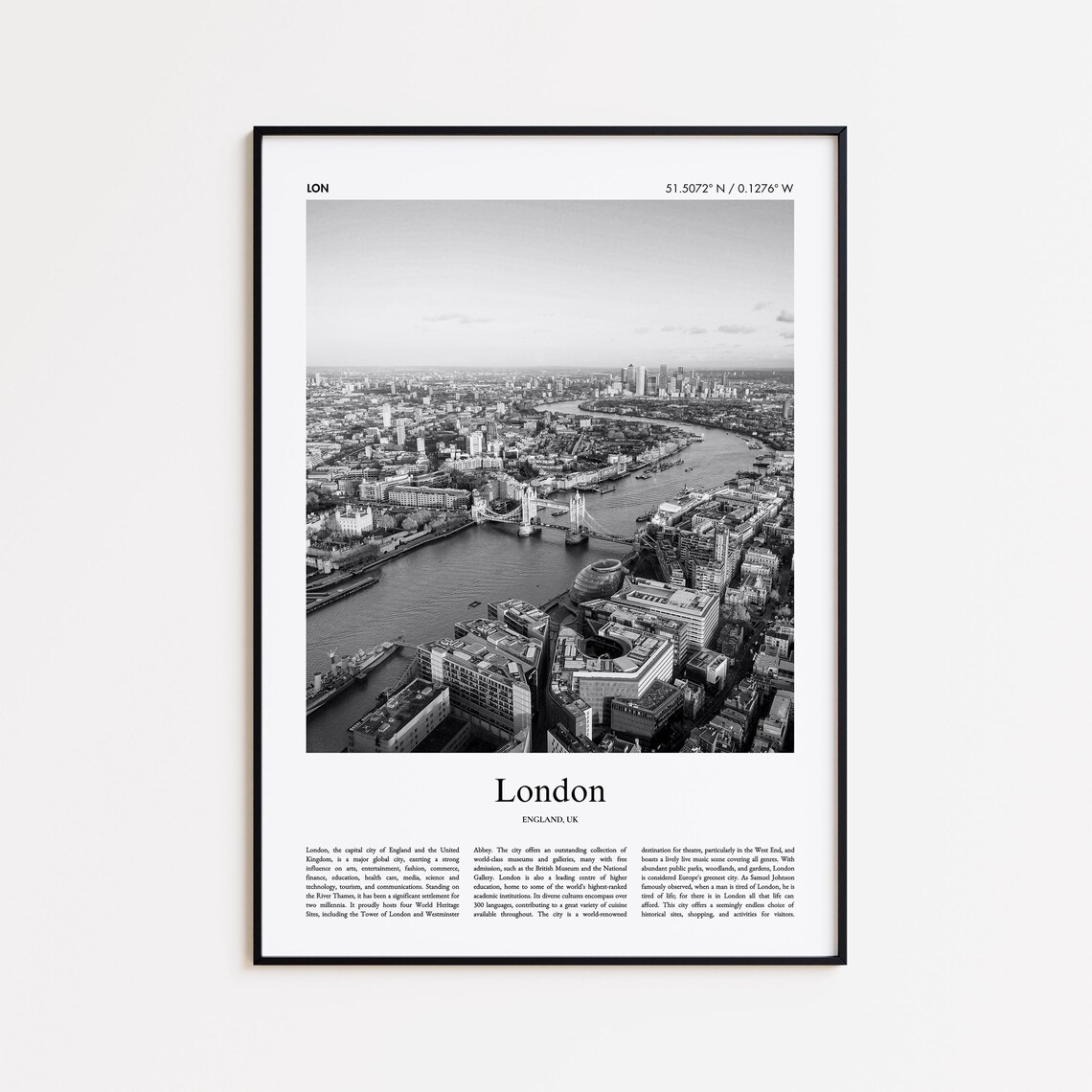 London England River Thames Black And White Aerial Travel Poster