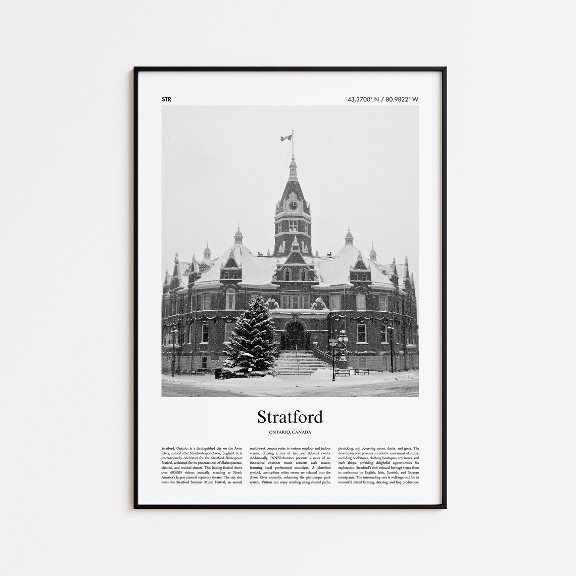 Stratford Ontario Winter City Hall Black And White Photo Poster