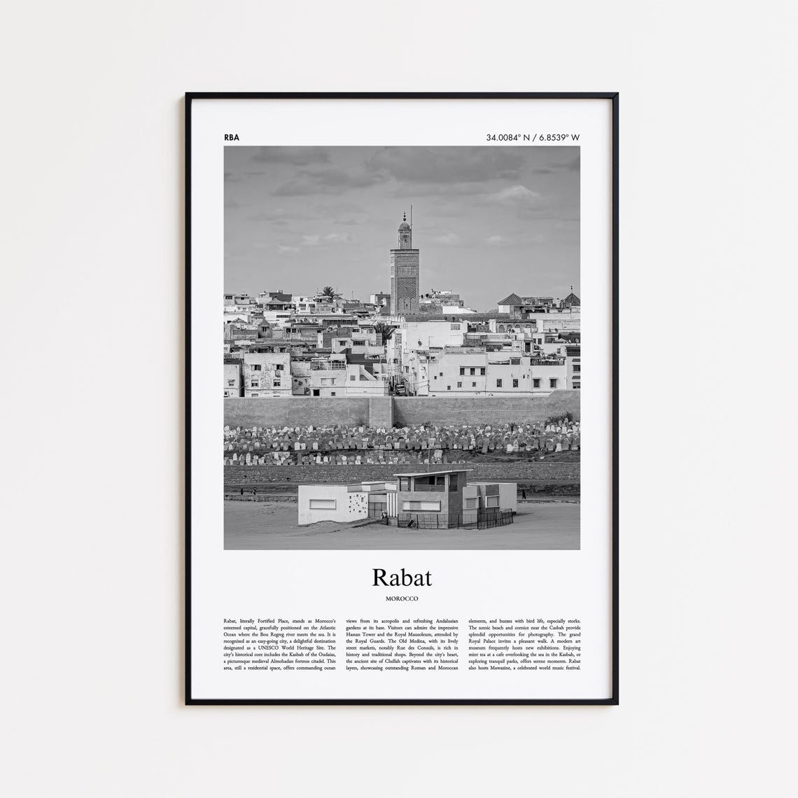 Rabat Morocco Hassan Tower Old City Black and White Travel Poster