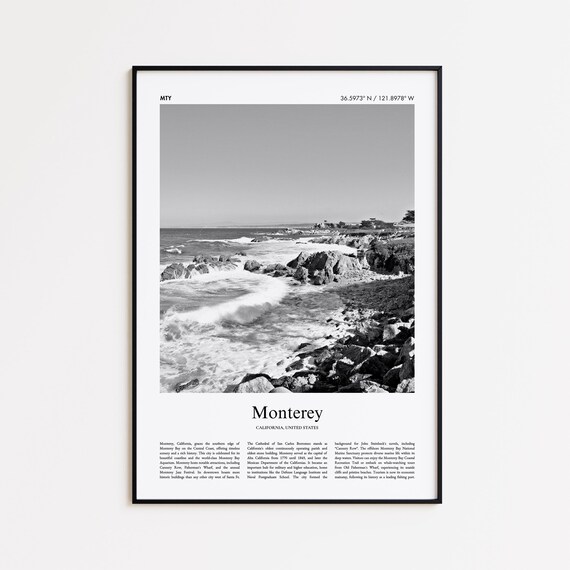 Monterey California Rocky Coastline Black And White Travel Poster