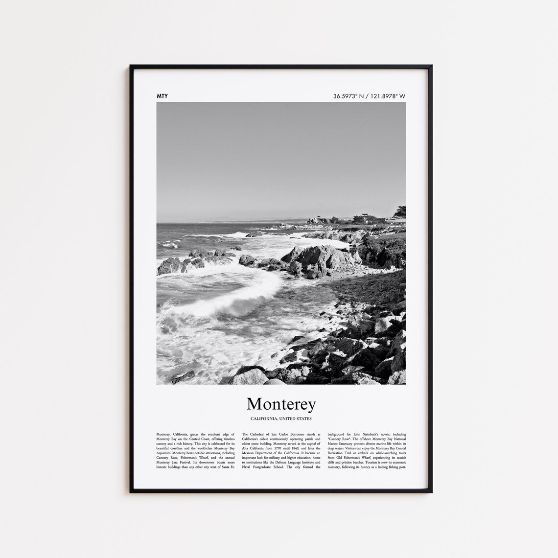 Monterey California Rocky Coastline Black And White Travel Poster