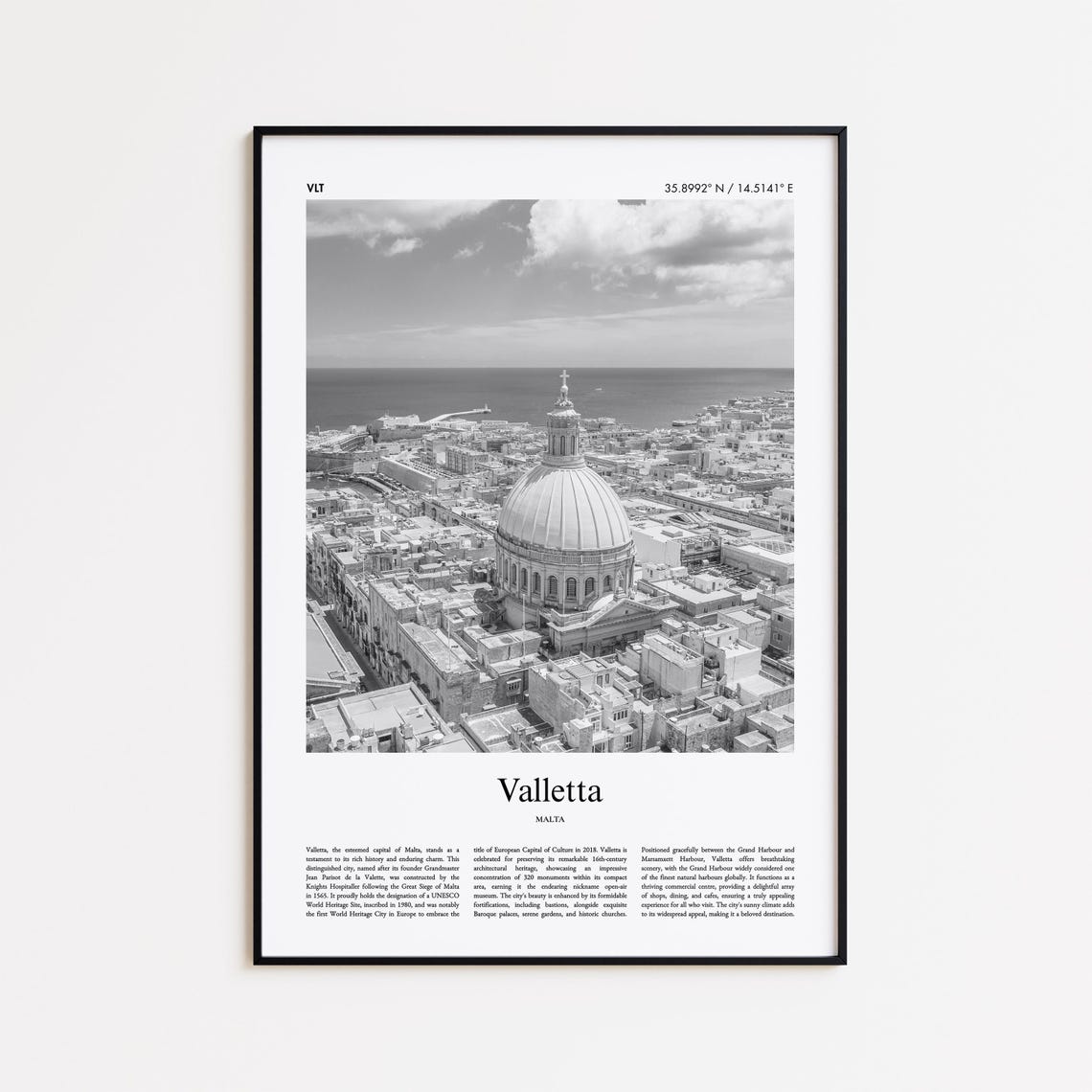 Valletta Malta Domed Basilica Harbour Black and White Photo Poster