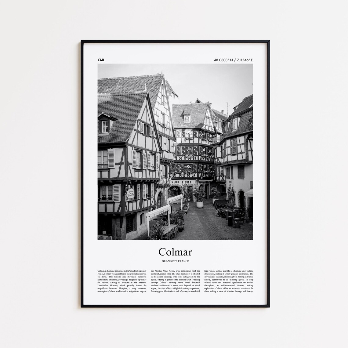 Colmar France Black and White Half Timbered Street Travel Poster