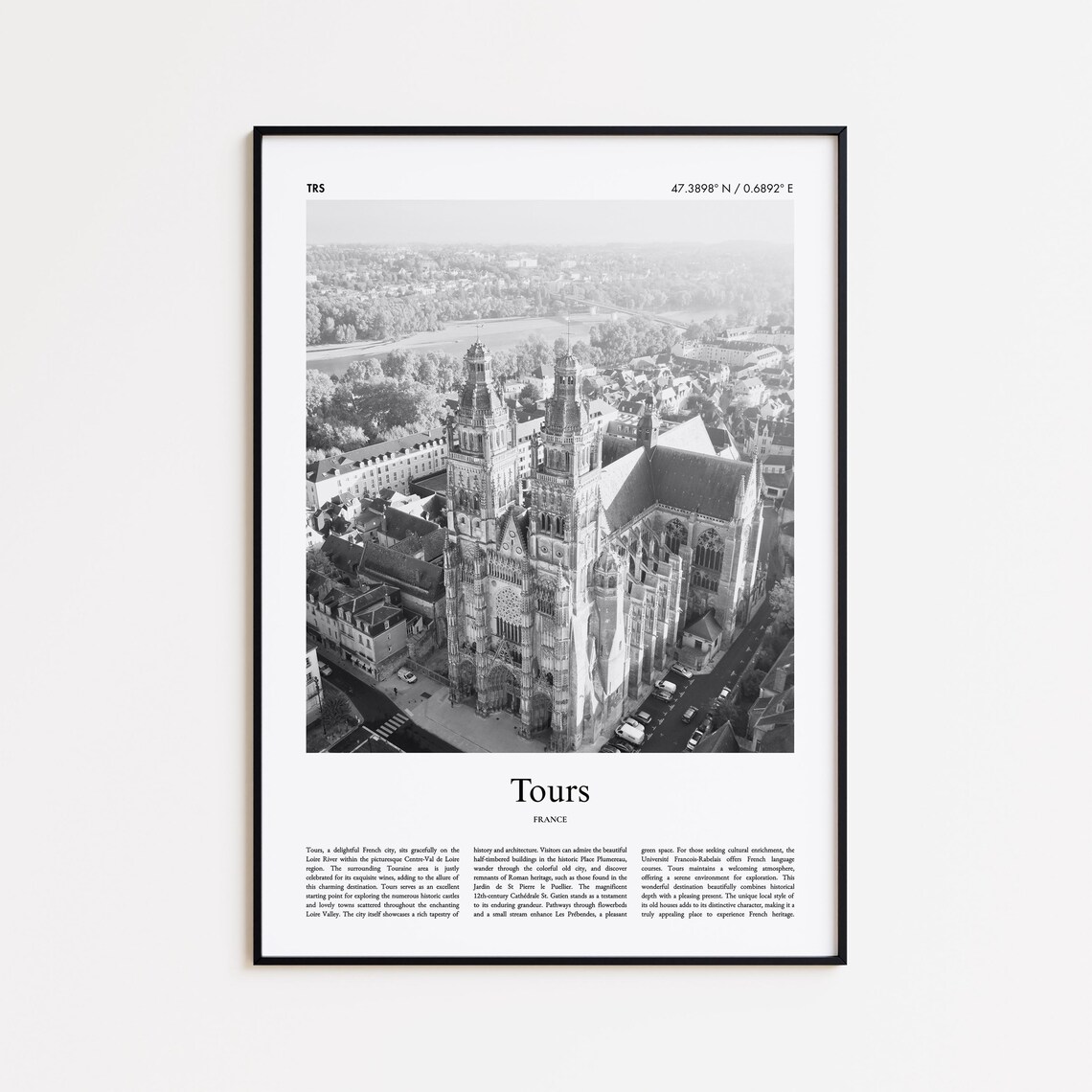 Tours France Black White Cathedral Aerial Loire Valley Poster