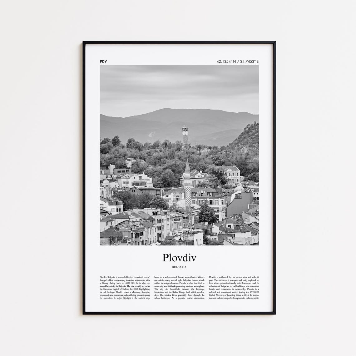 Plovdiv Bulgaria Black and White Old Town Rooftops Photo Poster
