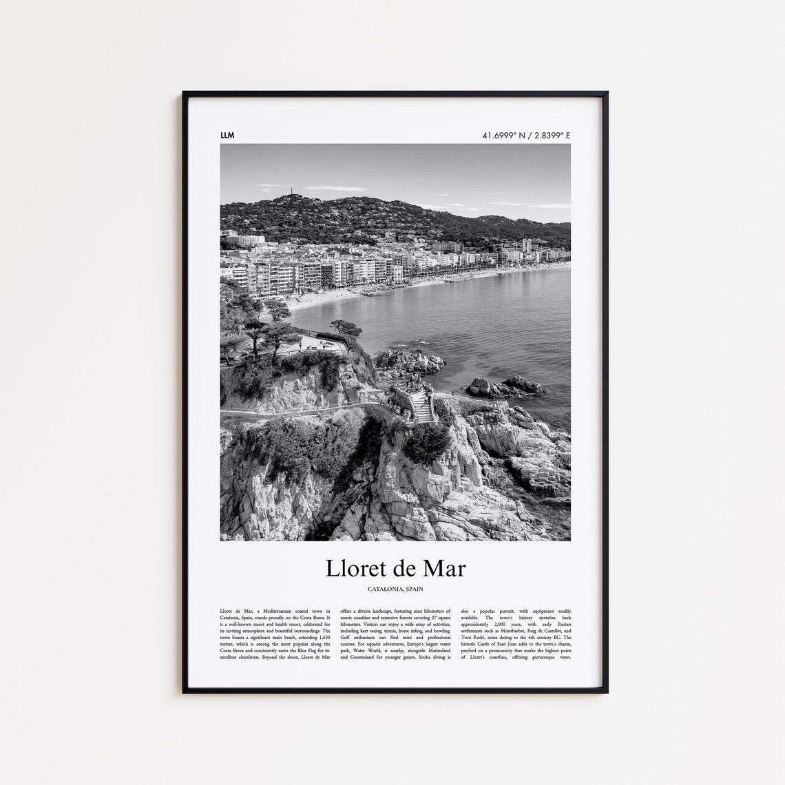Lloret de Mar Spain Rocky Coastline Cliffs Black White Poster