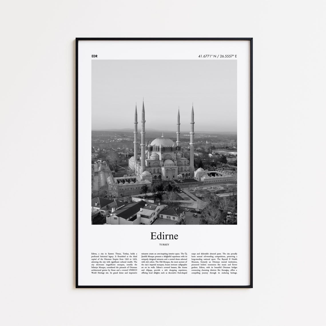 Edirne Turkey Selimiye Mosque Black and White Photo Travel Poster