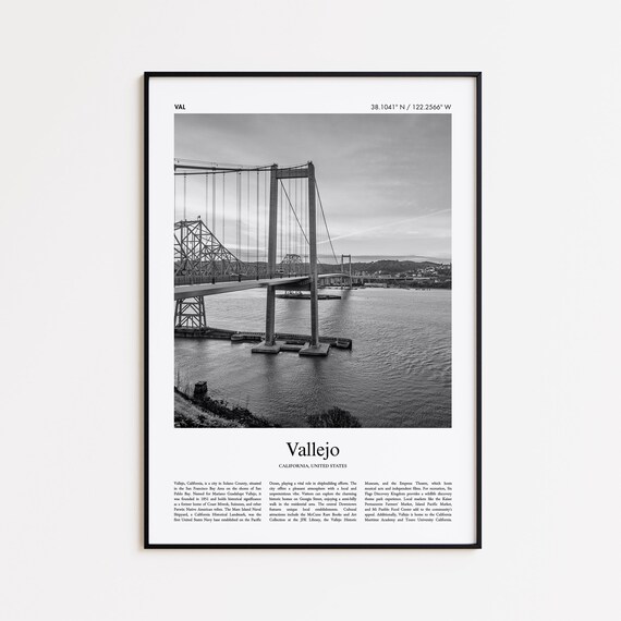 Vallejo California Black and White Suspension Bridge Photo Travel Poster
