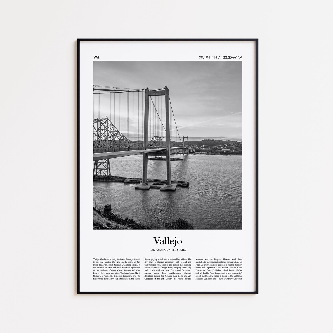 Vallejo California Black and White Suspension Bridge Photo Travel Poster