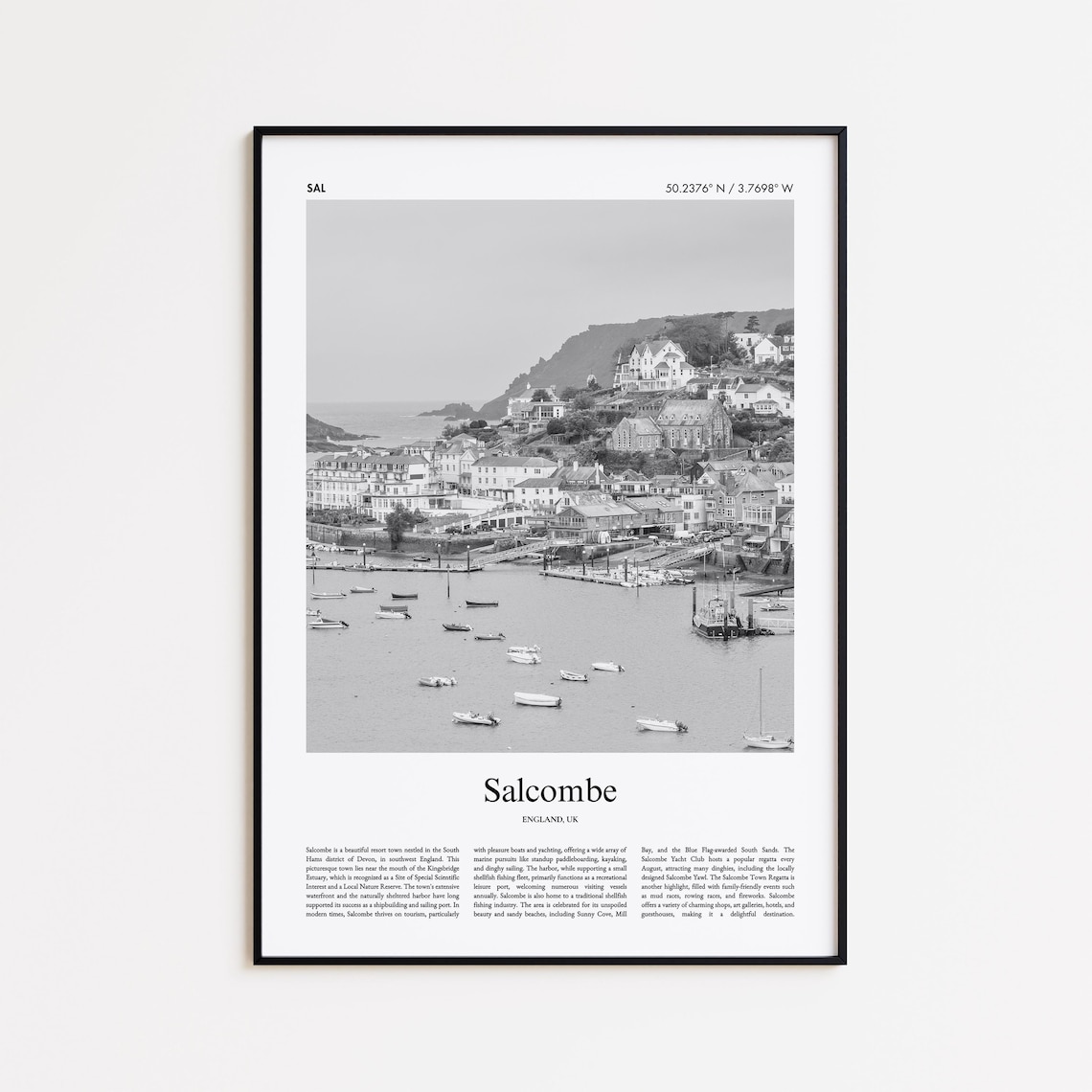 Salcombe England Black and White Harbor Boat Photo Travel Poster