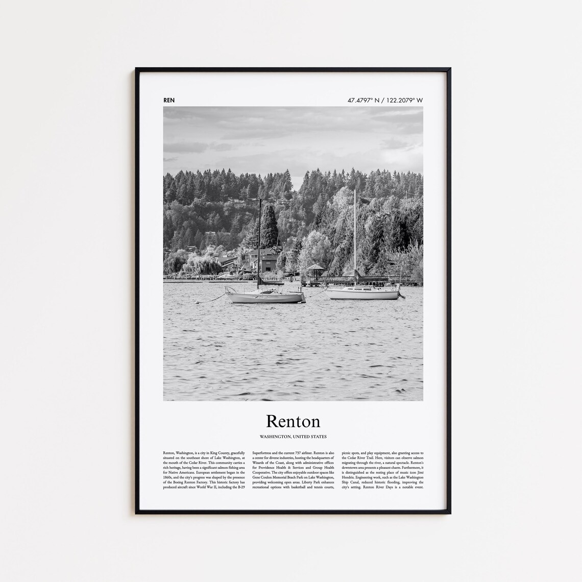 Renton Washington Black and White Lakeside Boats Travel Poster
