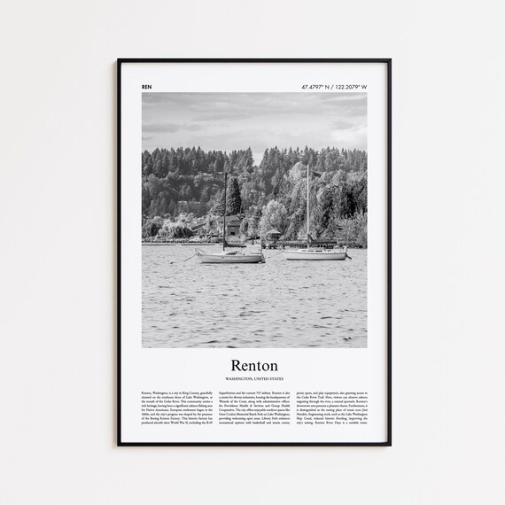 Renton Washington Black and White Lakeside Boats Travel Poster