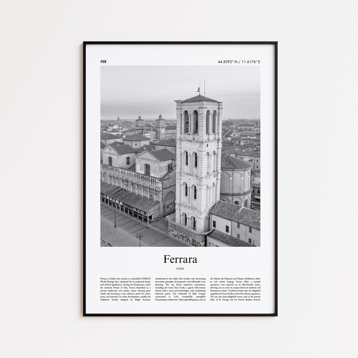 Ferrara Italy Black And White Cathedral Skyline Photo Travel Poster