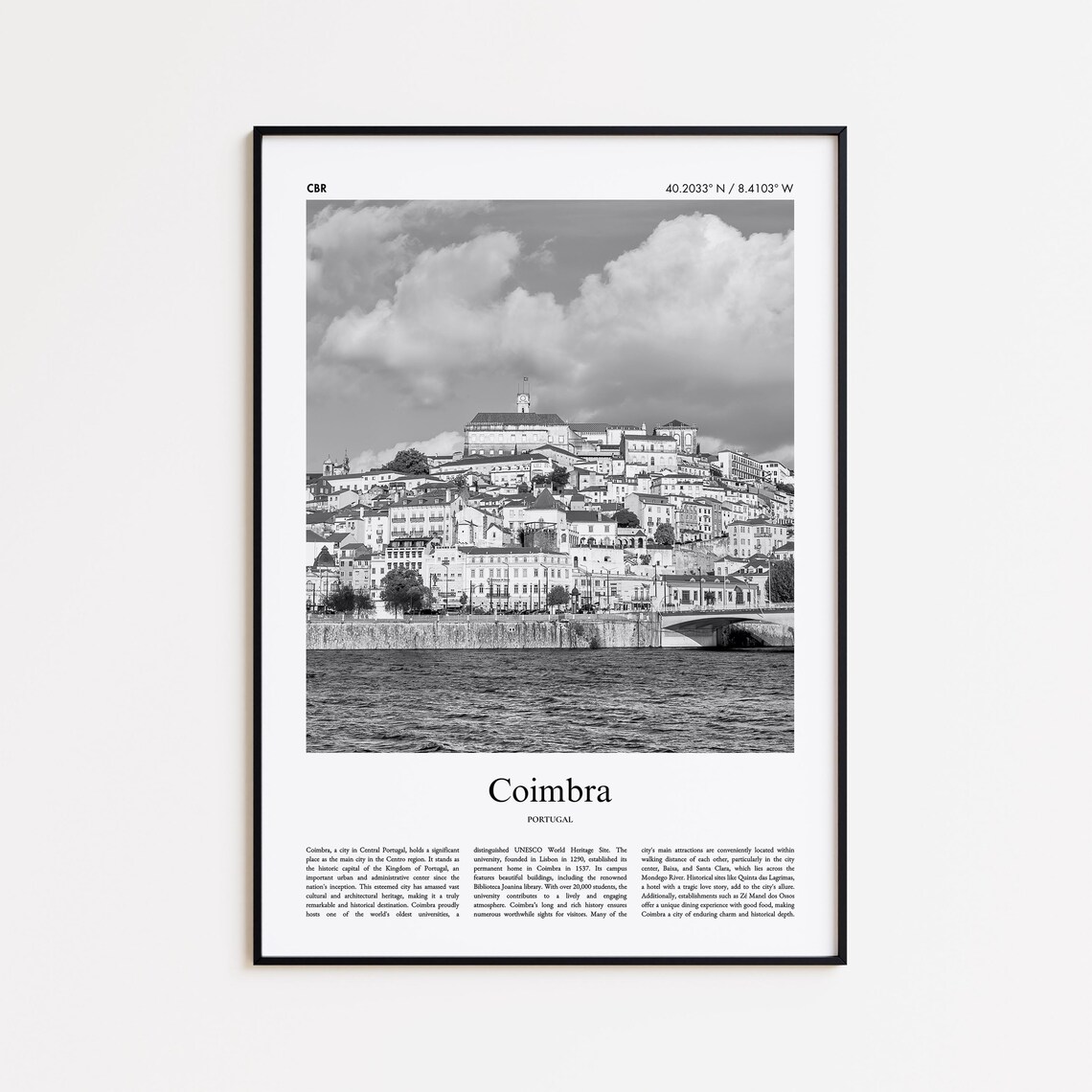 Coimbra Portugal Black and White Riverside Old Town Photo Poster