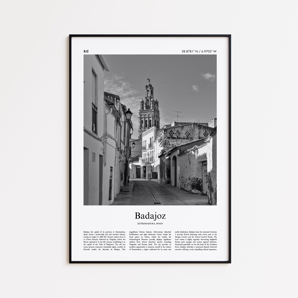 Badajoz Spain Black And White Old Town Street Photo Travel Poster