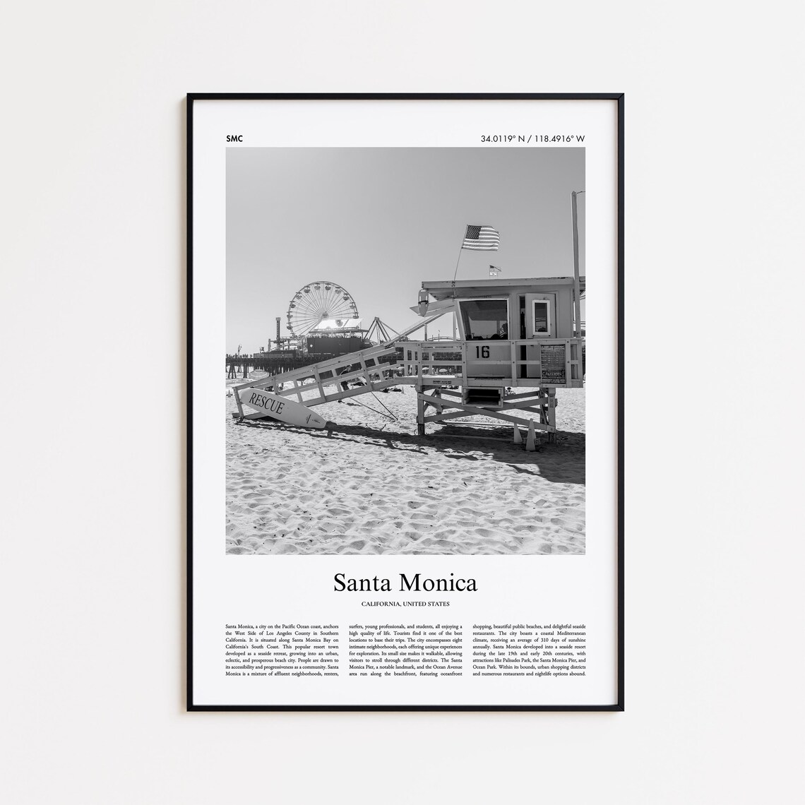 Santa Monica California Black And White Photo Poster Lifeguard Tower Pier