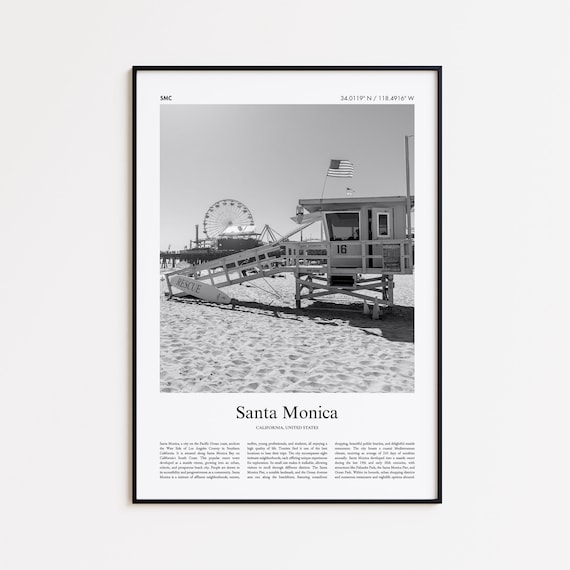 Santa Monica California Black And White Photo Poster Lifeguard Tower Pier