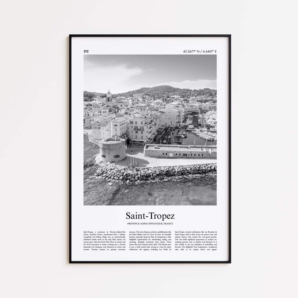 Saint Tropez France Black White Riviera Harbor Town Photo Poster