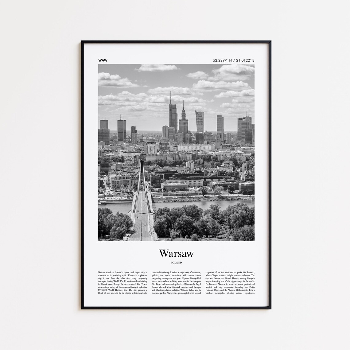 Warsaw Black and White Travel Poster, Minimal Decor