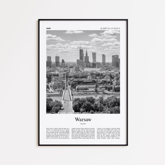 Warsaw Black and White Travel Poster, Minimal Decor
