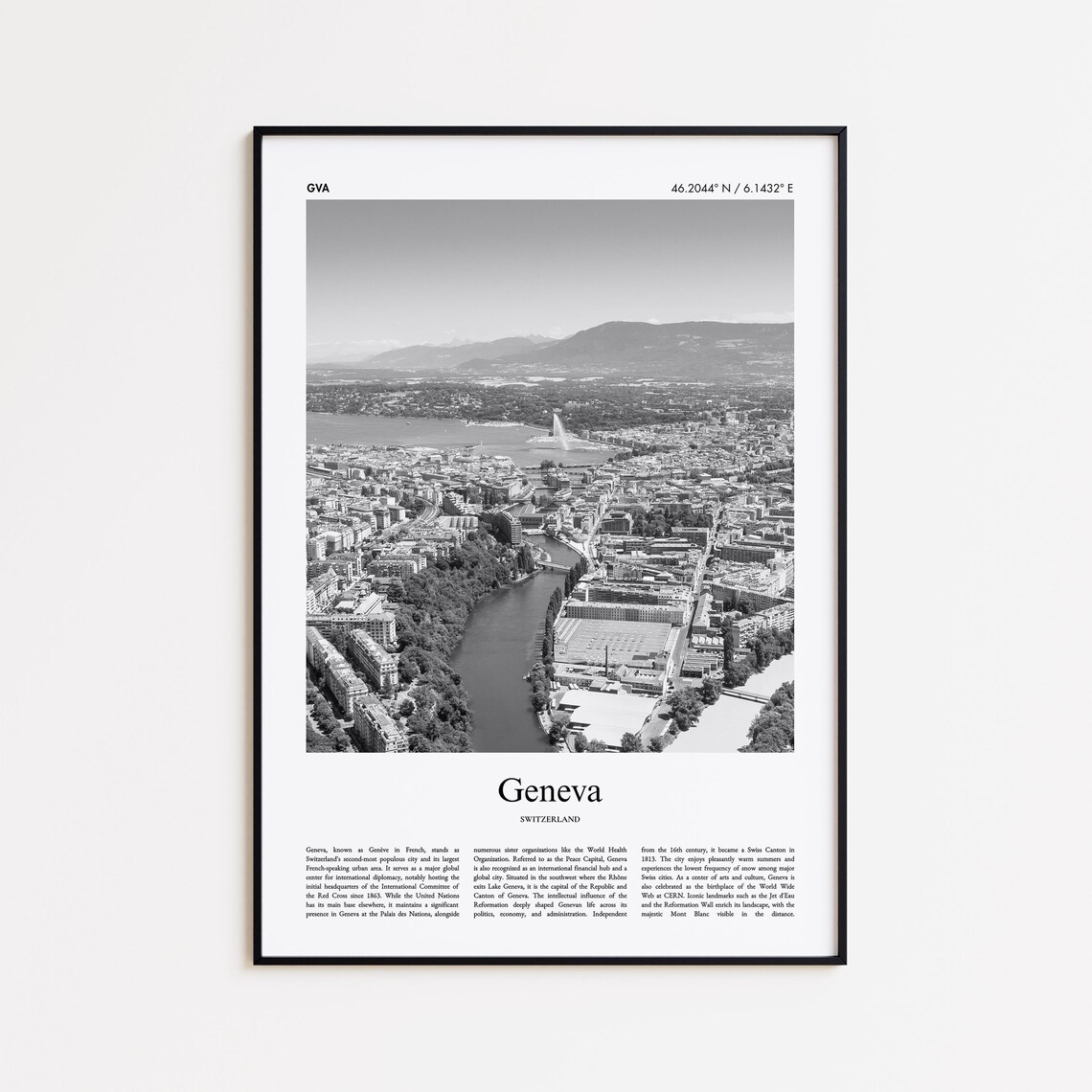 Geneva Switzerland Black And White Lake Jet d'Eau Photo Poster