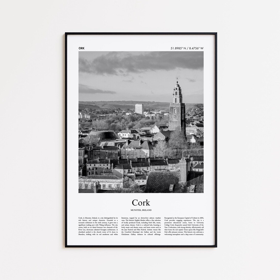 Cork Ireland Black and White Aerial Photo Poster Shandon Tower