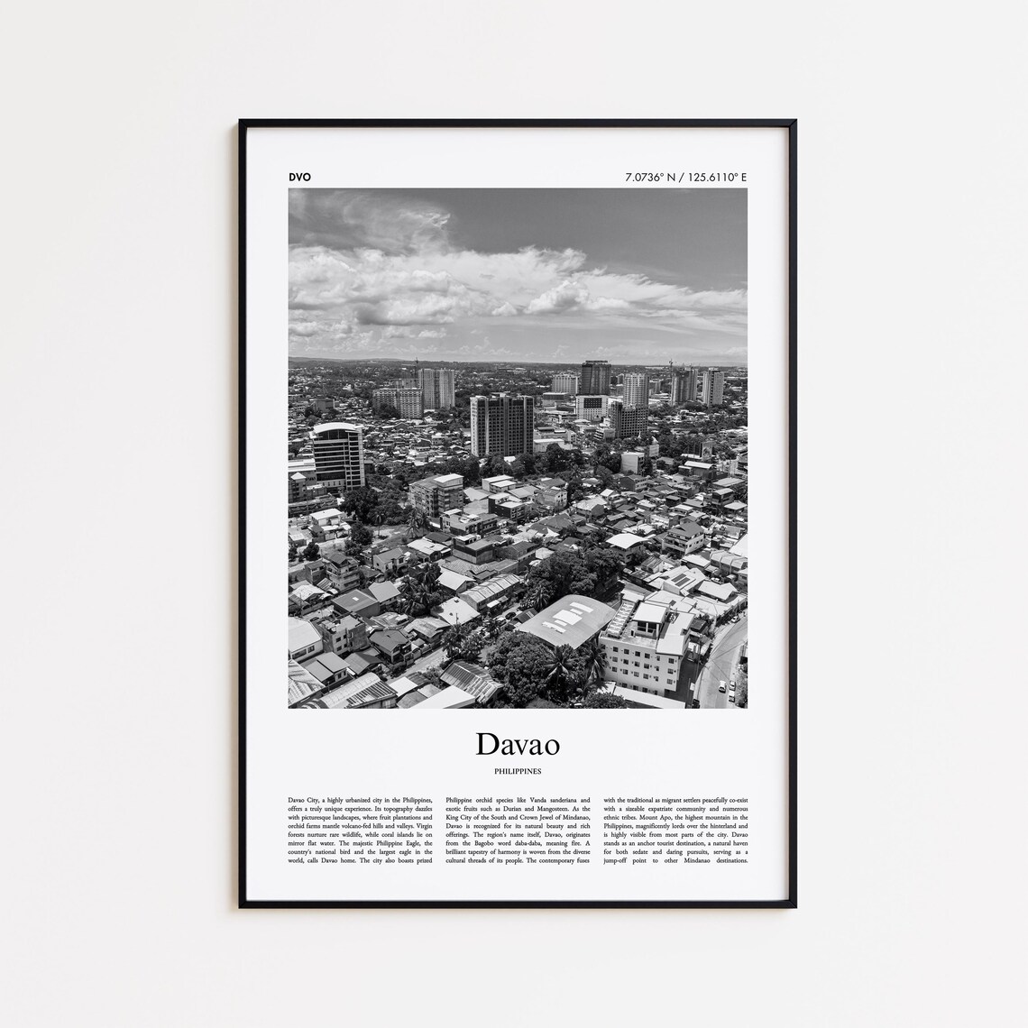 Davao City Aerial View Black And White Philippines Travel Poster