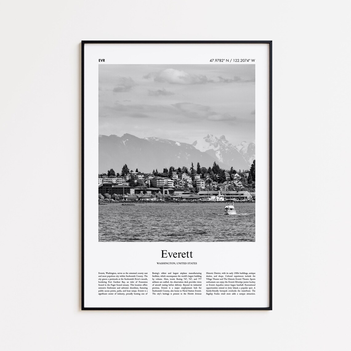 Everett Washington Black And White Waterfront Photo Travel Poster