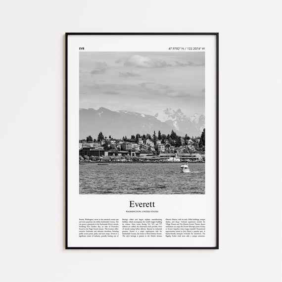 Everett Washington Black And White Waterfront Photo Travel Poster