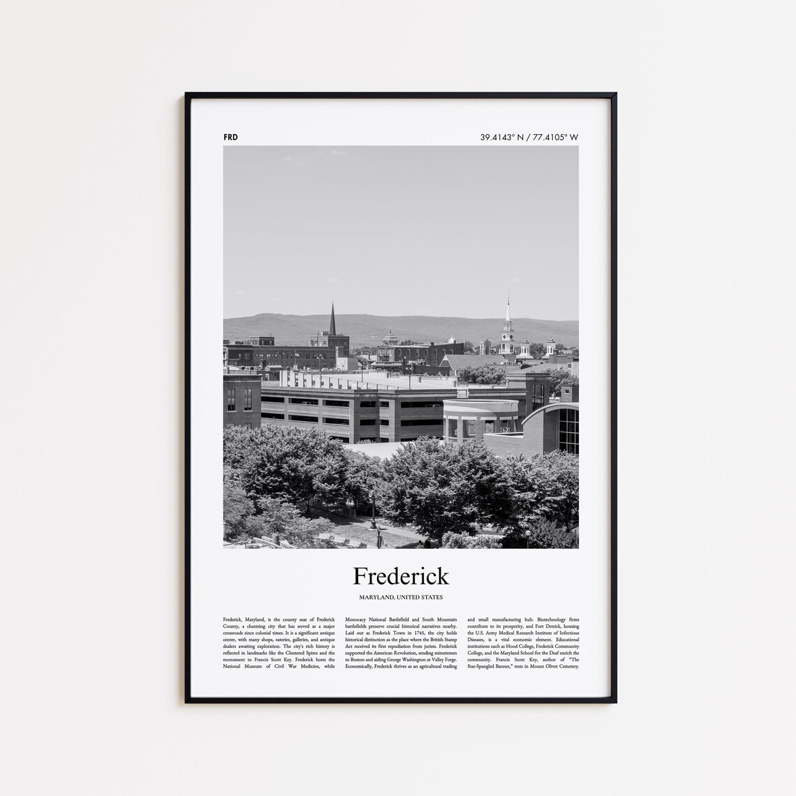 Frederick Maryland Black and White Downtown Skyline Photo Print