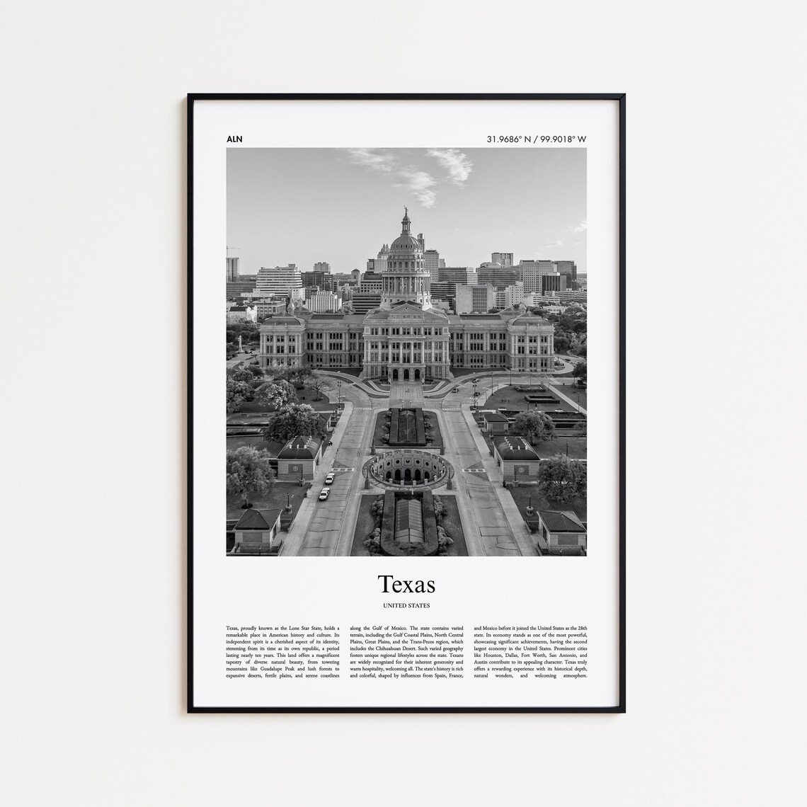 Texas Black and White Travel Poster, Minimal Home Decor