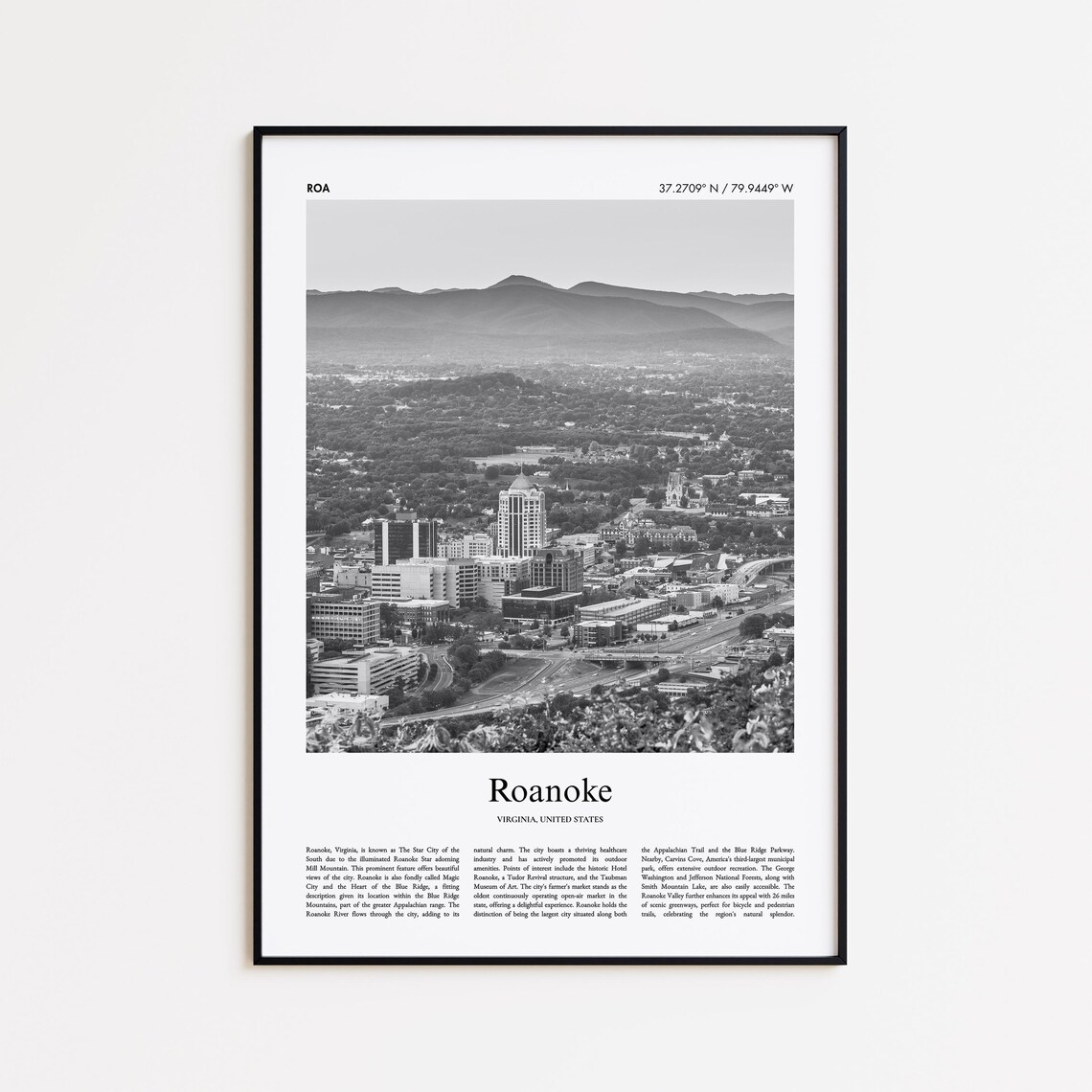 Roanoke Virginia Black And White Skyline Photo Travel Poster