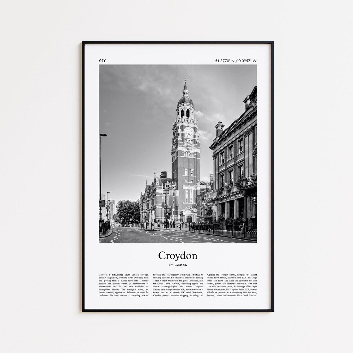 Croydon England Clock Tower High Street Black White Travel Poster