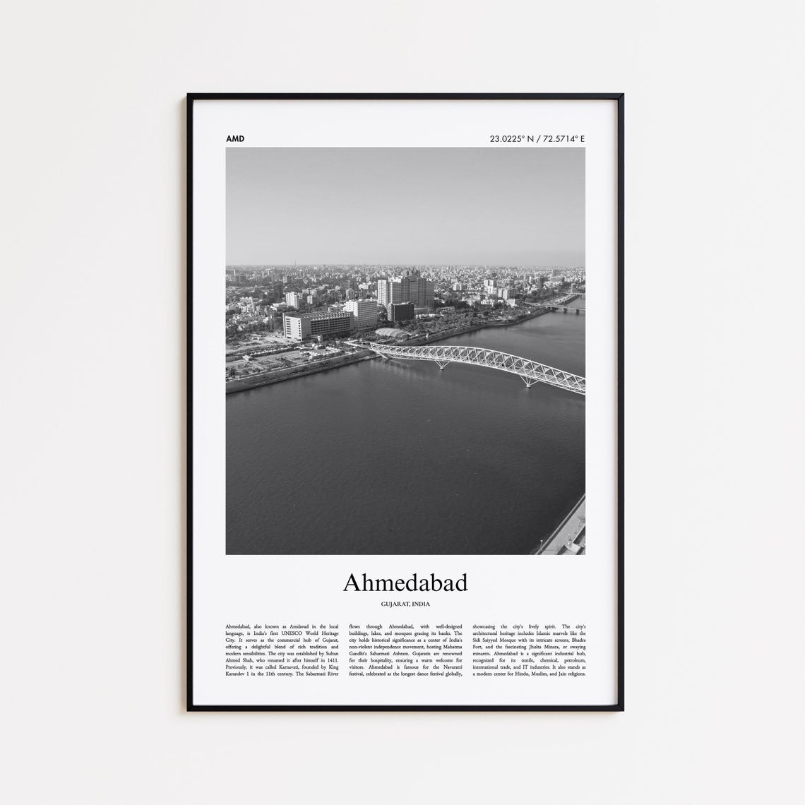 Ahmedabad River Bridge Black And White Gujarat India Travel Poster