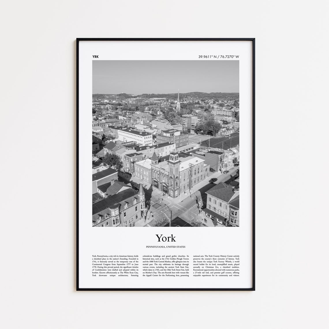 York Pennsylvania Aerial Cityscape Black And White Travel Poster