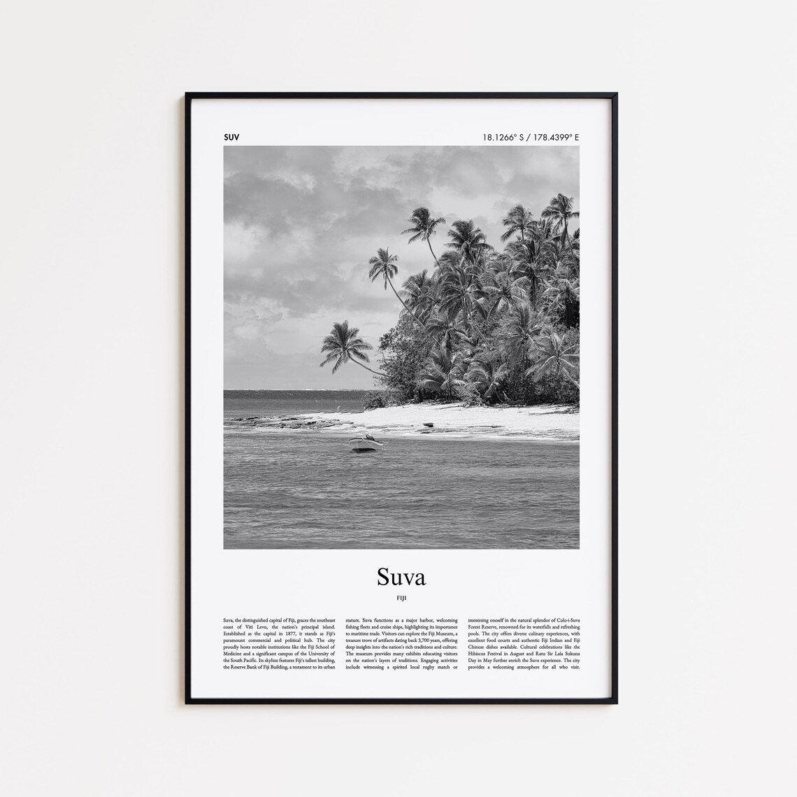 Suva Fiji Tropical Palm Beach Black and White Photo Travel Poster