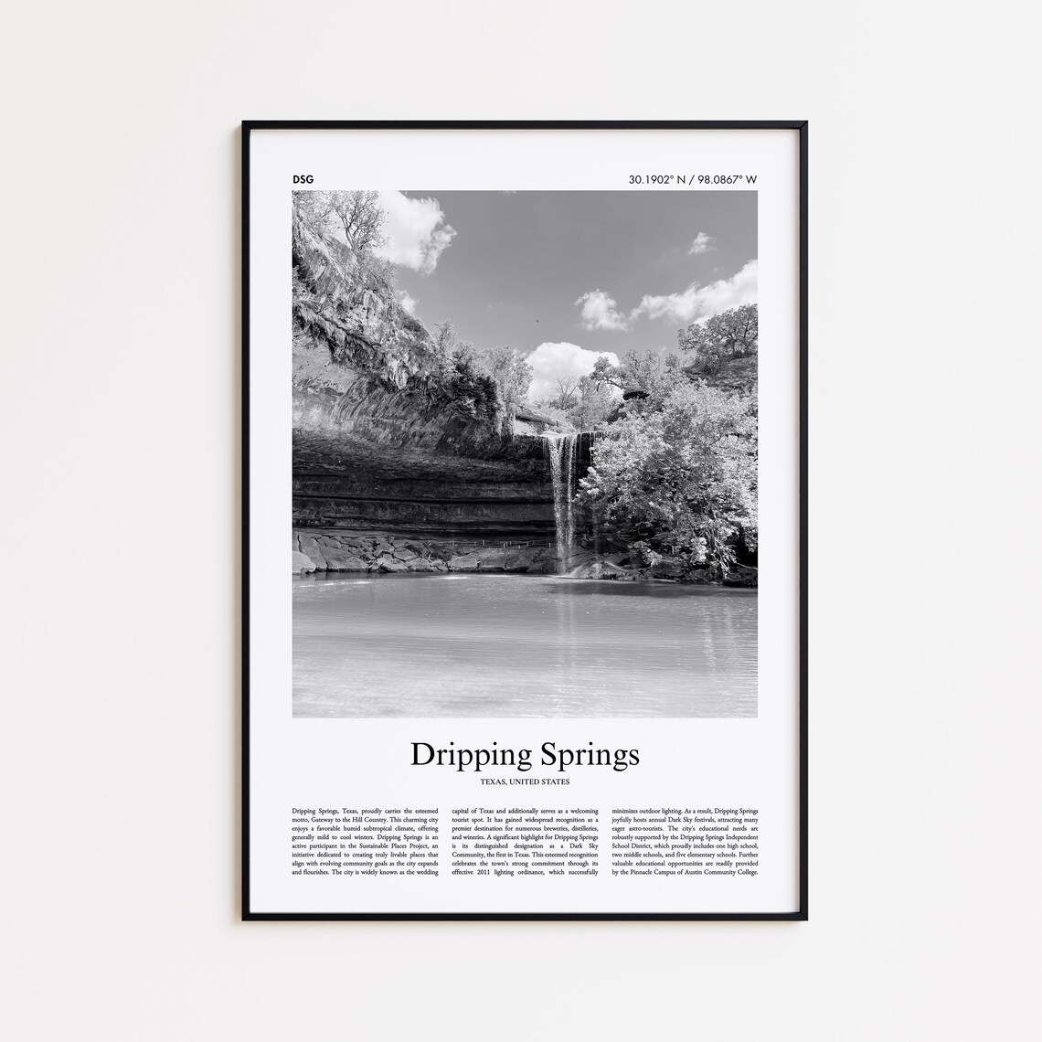 Dripping Springs Texas Waterfall Black And White Photo Print
